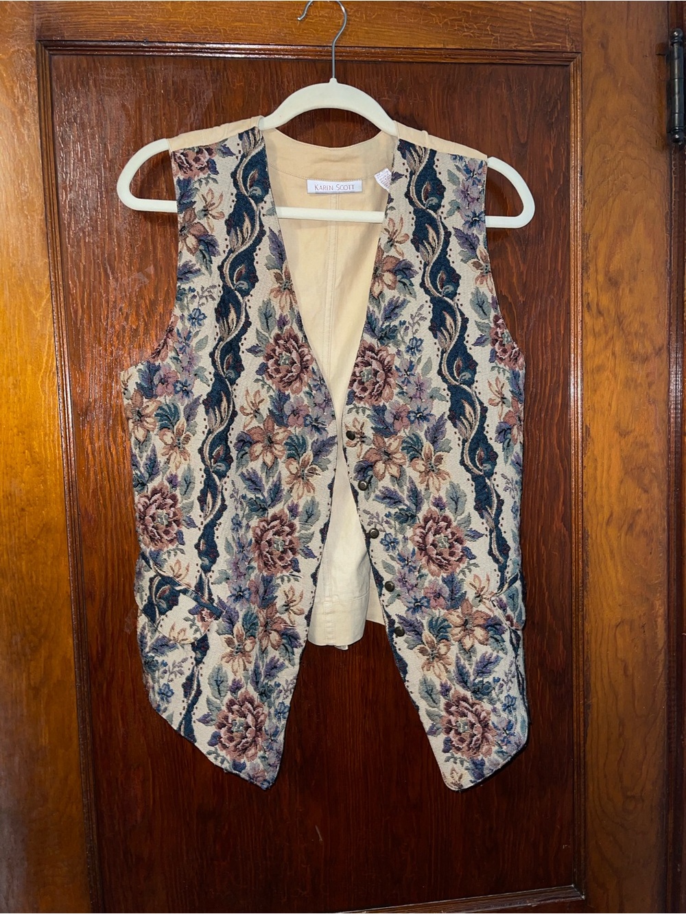 Karen Scott Floral Tapestry Vest - Cream, Blue & Pink